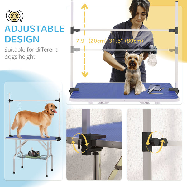 Adjustable Dog Grooming Table with 2 Safety Straps and Storage Basket, Blue