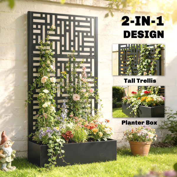 Galvanized Raised Garden Bed with Trellis, 180cm Tall Metal Flower Planter with Privacy Screen and Drainage Holes
