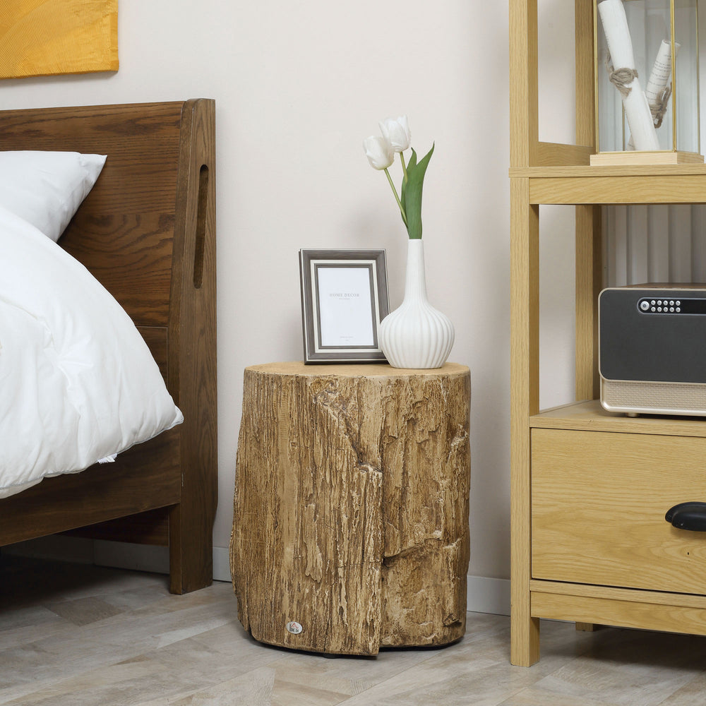 Side table with a concrete finish, tree stump style, natural brown