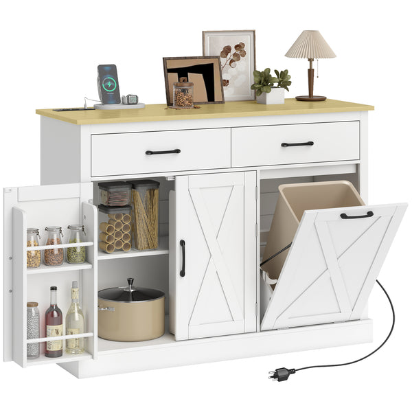 7-gallon (26.5-liter) tilt-out trash can cabinet with charging station, 2 drawers, 4 door shelves, white