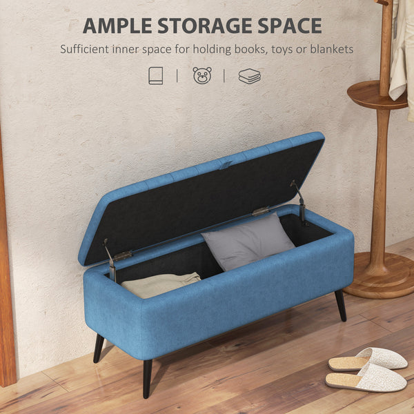 Linen Upholstered Storage Pouf with Steel Legs, Dark Blue