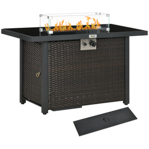 Propane Fire Pit Table 43" Outdoor Fire Table, 50,000 BTU Pulse-Ignition Wicker Firepit Furniture with Glass Wind Guard, Blue Glass Rock, CSA Certification, Coffee