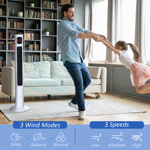 Freestanding tower fan with 3 speeds, 12-hour timer, LED sensor panel, remote control, white