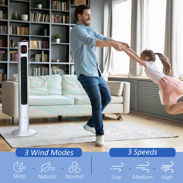 Freestanding tower fan with 3 speeds, 12-hour timer, LED sensor panel, remote control, white
