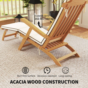 Folding Sun Lounger with Padded Cushion, Acacia Wood Recliner with Footrest for Garden, White
