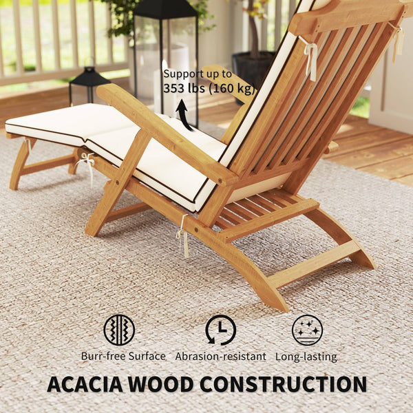 Folding Sun Lounger with Padded Cushion, Acacia Wood Recliner with Footrest for Garden, White