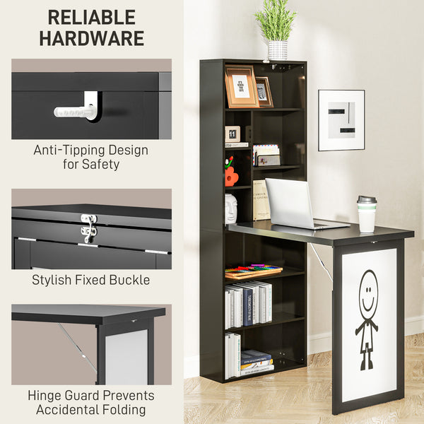 Foldable convertible desk with whiteboard and side shelf, black