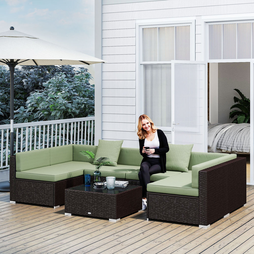7 Piece Outdoor Rattan Furniture Set, Wicker Corner Sofa, Light Green