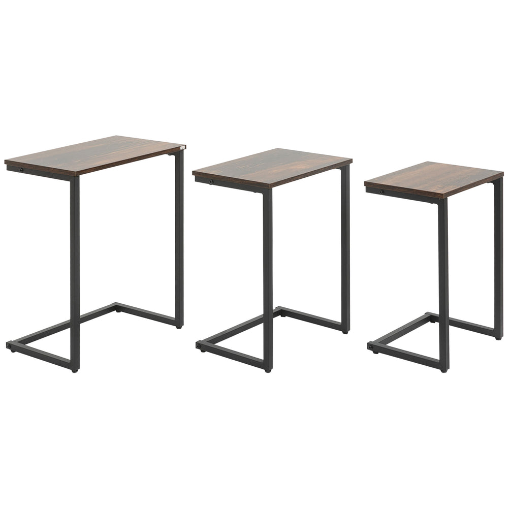 Set of 3 C-Shaped Nesting Side Tables with Steel Frame, Rustic Brown
