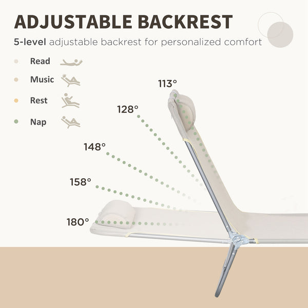 Set of 2 folding lounge chairs with cushion and reclining backrest, cream white