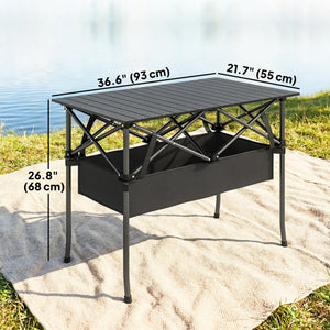Folding camping table with storage net, carry bag and metal frame, black