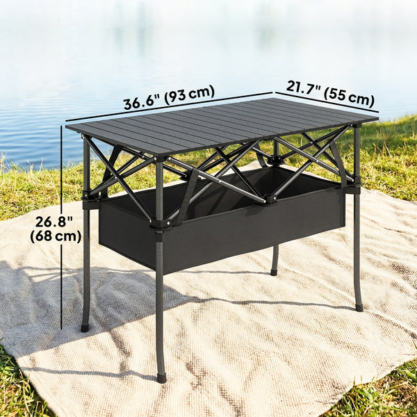 Folding camping table with storage net, carry bag and metal frame, black