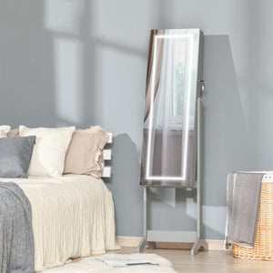 Lockable jewelry cabinet with LED lighting, standing mirror, gray