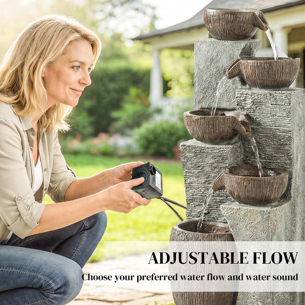 Outdoor cascading stone fountain, 5 tiers, LED lighting, adjustable flow, rustic gray and brown