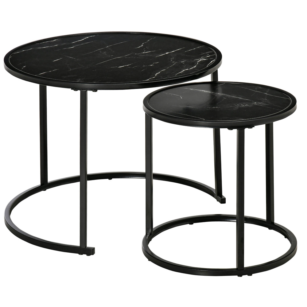 Set of 2 Modern Round Coffee Tables with Faux Marble Top and Metal Frame, Black