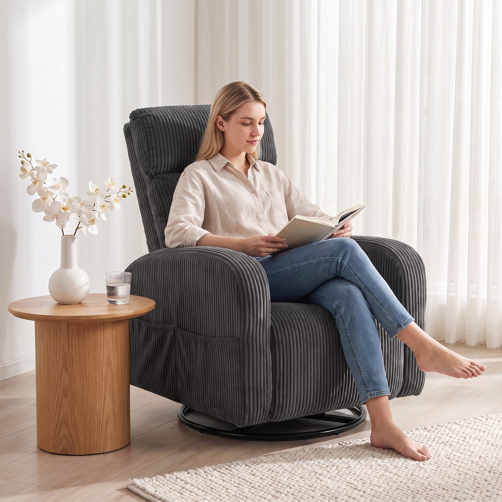 Dark grey corduroy swivel armchair