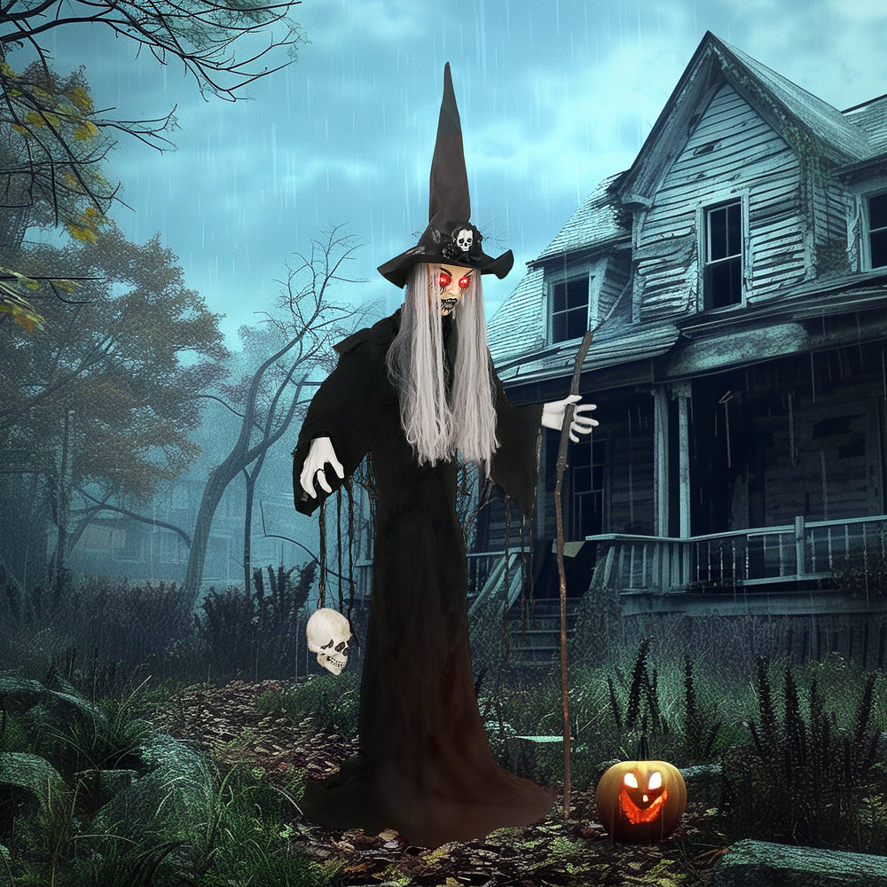 Standing witch, voice-activated accessory, sound-activated moving head and flashing eyes