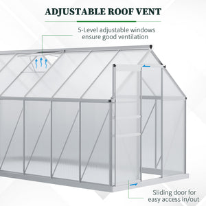 Polycarbonate greenhouse with adjustable roof ventilation and sliding door, transparent