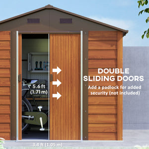 Outdoor metal garden shed with lock and ventilation, dark brown