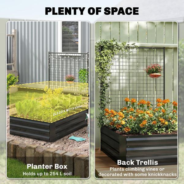Jardinière surélevée galvanisée avec treillis pour plantes grimpantes, bac à fleurs d'extérieur à fond ouvert, noir