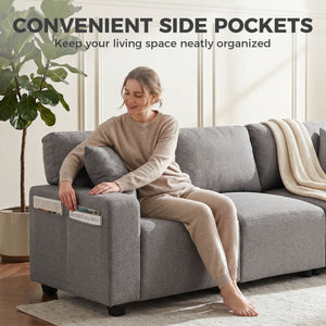 3-seater sofa with storage pockets, modern upholstered with pocket springs, gray