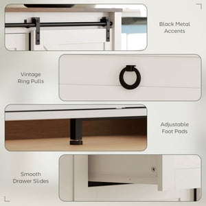 Buffet with barn-style sliding doors, drawers and adjustable shelves, cream white