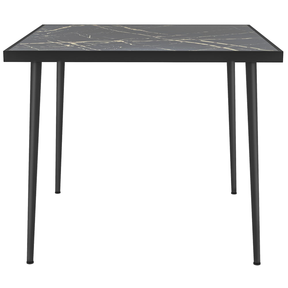 Outdoor dining table with tempered glass top with marble effect, black