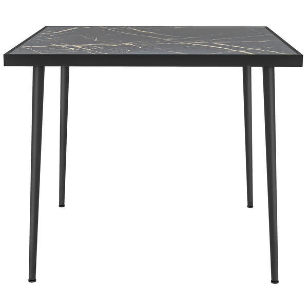 Outdoor dining table with tempered glass top with marble effect, black