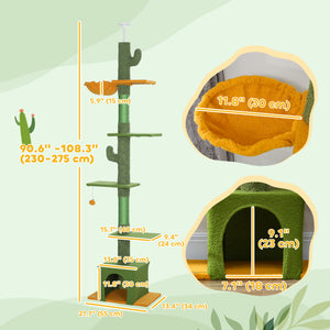 Cat tree with adjustable height from 230 to 274 cm, scratching posts, hammock, lounger and play ball, green