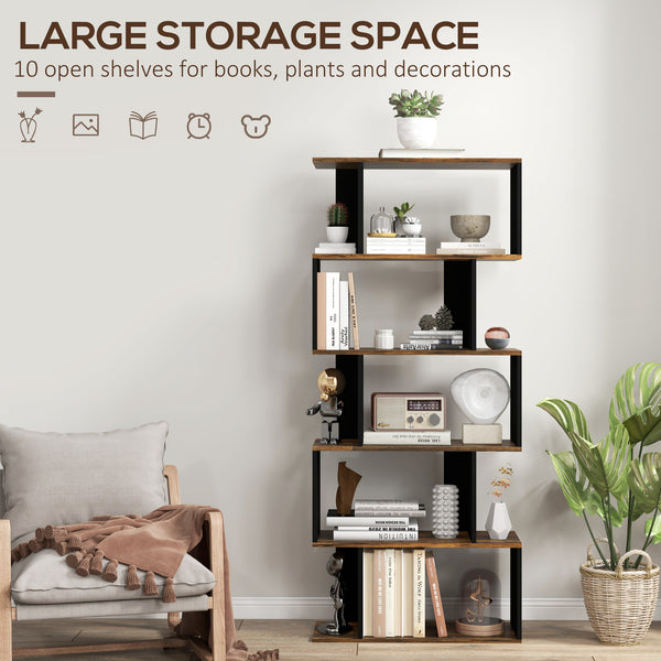 Geometric S-shaped bookcase, tall and narrow shelf for living room or office, rustic brown