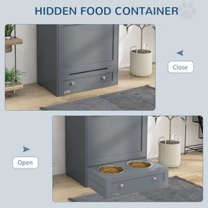 Grey food storage cabinet with elevated bowls