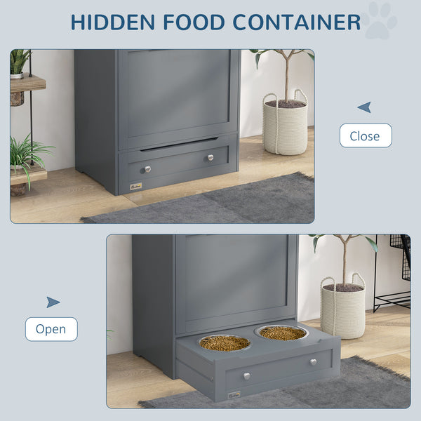Grey food storage cabinet with elevated bowls