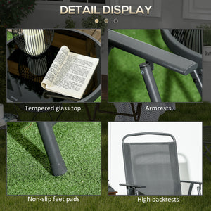 3-piece folding bistro set with mesh chairs and glass table, anthracite grey