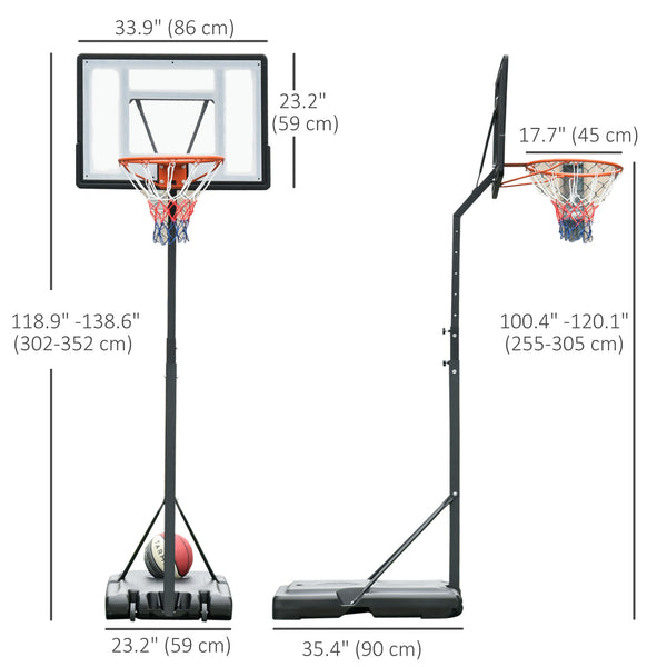 Portable basketball hoop with wheels, adjustable height from 2.4 to 3 m, black