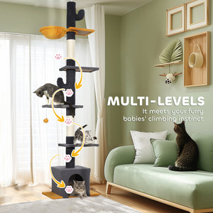 Cat tree with adjustable height from 230 to 274 cm, scratching posts, hammock, house, play ball, dark gray