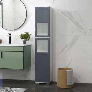Bathroom storage cabinet with frosted glass doors and 5-tier shelves, white and gray