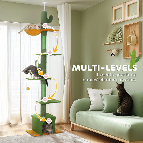 Cat tree with adjustable height from 230 to 274 cm, scratching posts, hammock, lounger and play ball, green