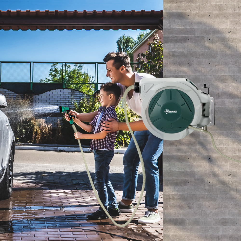 Retractable wall-mounted garden hose reel with automatic rewind