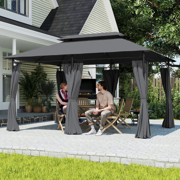 10' x 13' Double Roof Patio Gazebo, Outdoor Gazebo with Curtains, for Garden, Lawn, Backyard and Deck, Grey