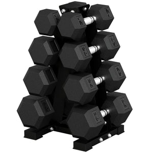 Set of 8 hexagonal dumbbells from 15 to 30 lbs with vertical storage rack