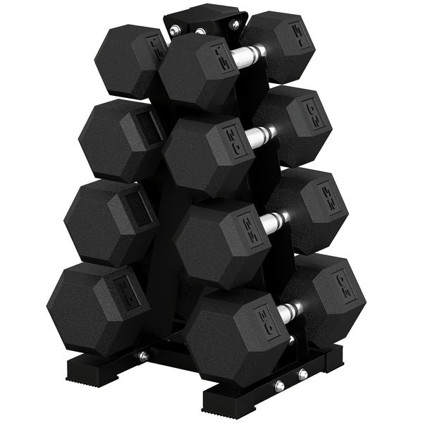 Set of 8 hexagonal dumbbells from 15 to 30 lbs with vertical storage rack