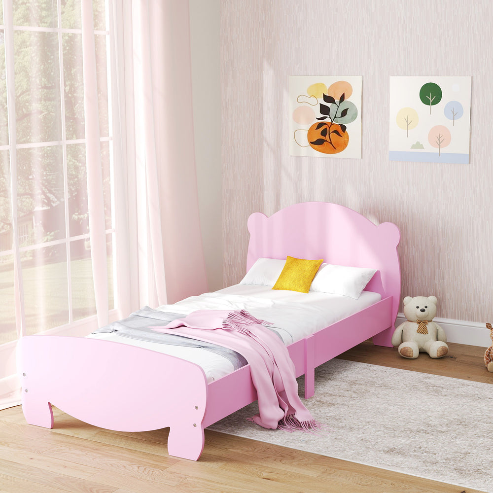 Children's bed frame with bear-shaped headboard and footboard, pink