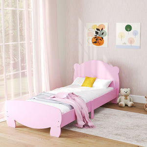 Children's bed frame with bear-shaped headboard and footboard, pink