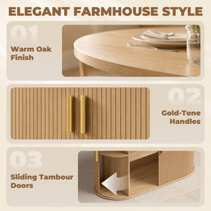 71" dining table with storage, oak finish
