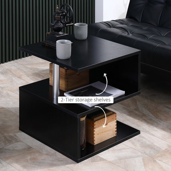 S-Shaped Wooden Side Table with 3 Storage Shelves, Black