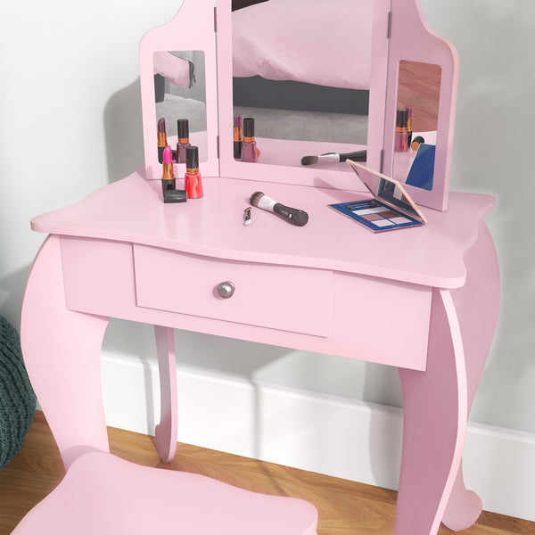 Dressing table set with folding mirrors, star and heart patterned drawer, pink