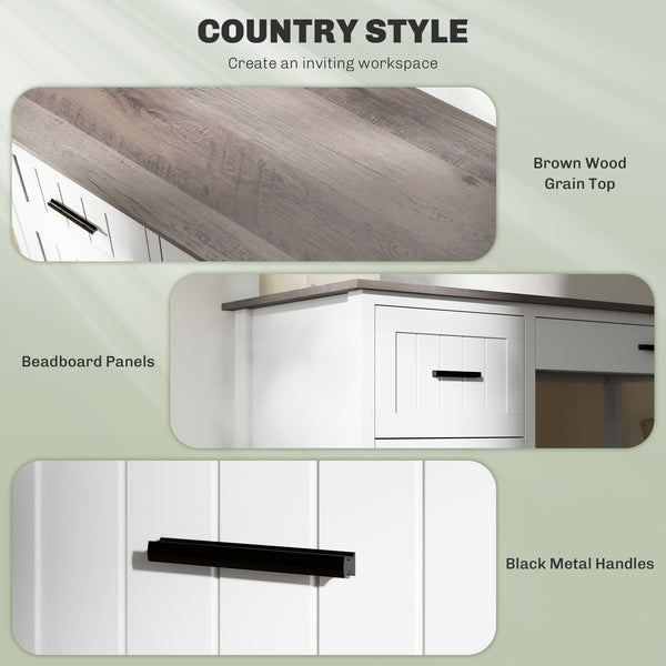 Country-style computer desk with 3 drawers, white