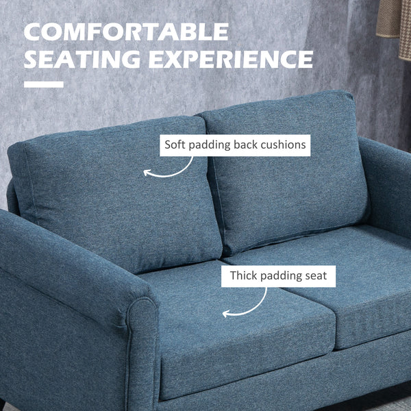 Vintage upholstered 2-seater sofa, rolled armrests, rubberwood legs, dark blue