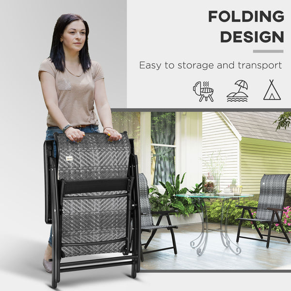 Set of 2 Outdoor Wicker Folding Chairs with Adjustable Backrest, Grey Melange