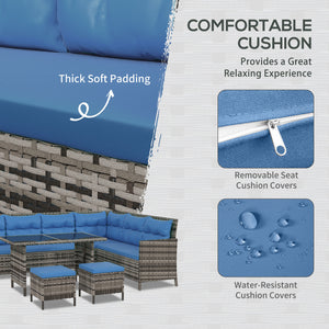 6 Piece Outdoor Rattan Sofa Set with Dining Table and Chairs Blue